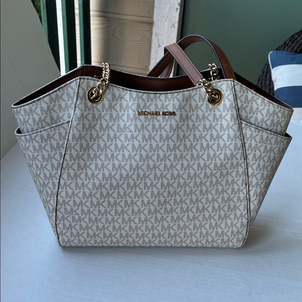 Michael Kors Cream and Brown Tote with Gold Accents